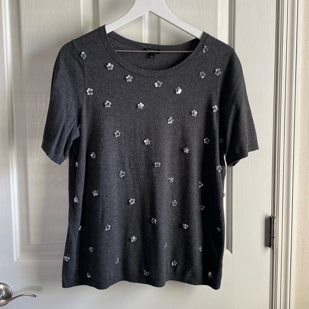 Talbots Womens Floral Sequins Top Size Plus X Gray Crewneck Unique